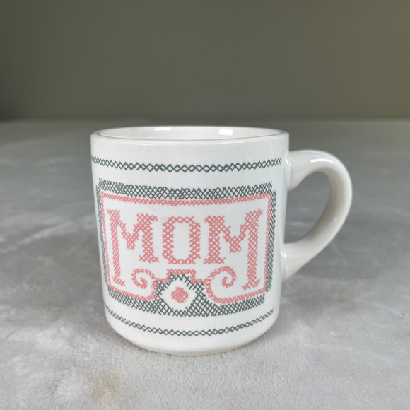 Vintage 1970’s Cross Stitch Coffee Cup “ MOM” USA Pink & Green Benefits Charity - Picture 1 of 10